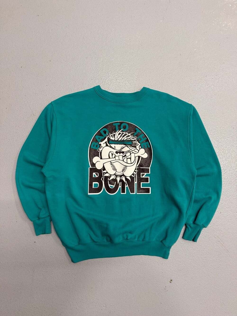Vintage 90s Teal Bad To The Bone Graphic Crewneck Sweatshirt